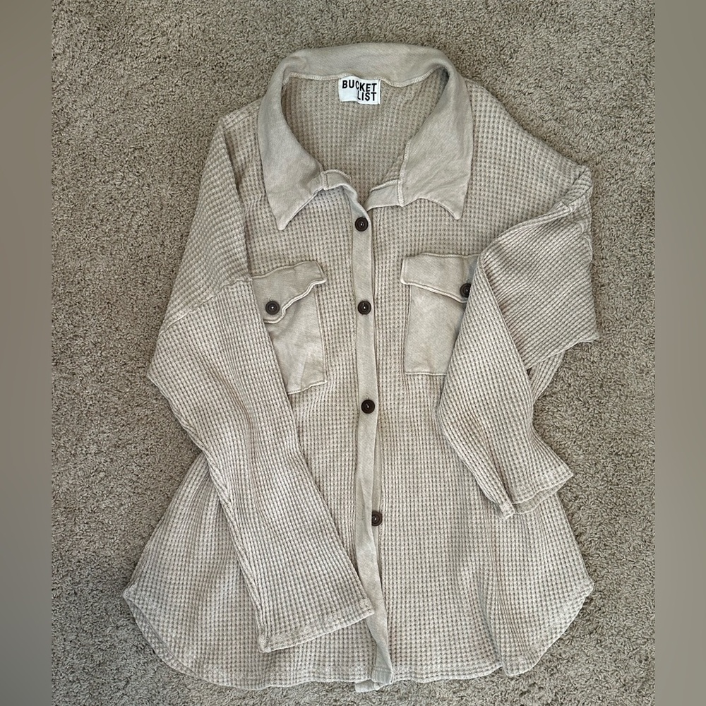 Bucket List Beige Distressed Oversized Waffle Button Up
